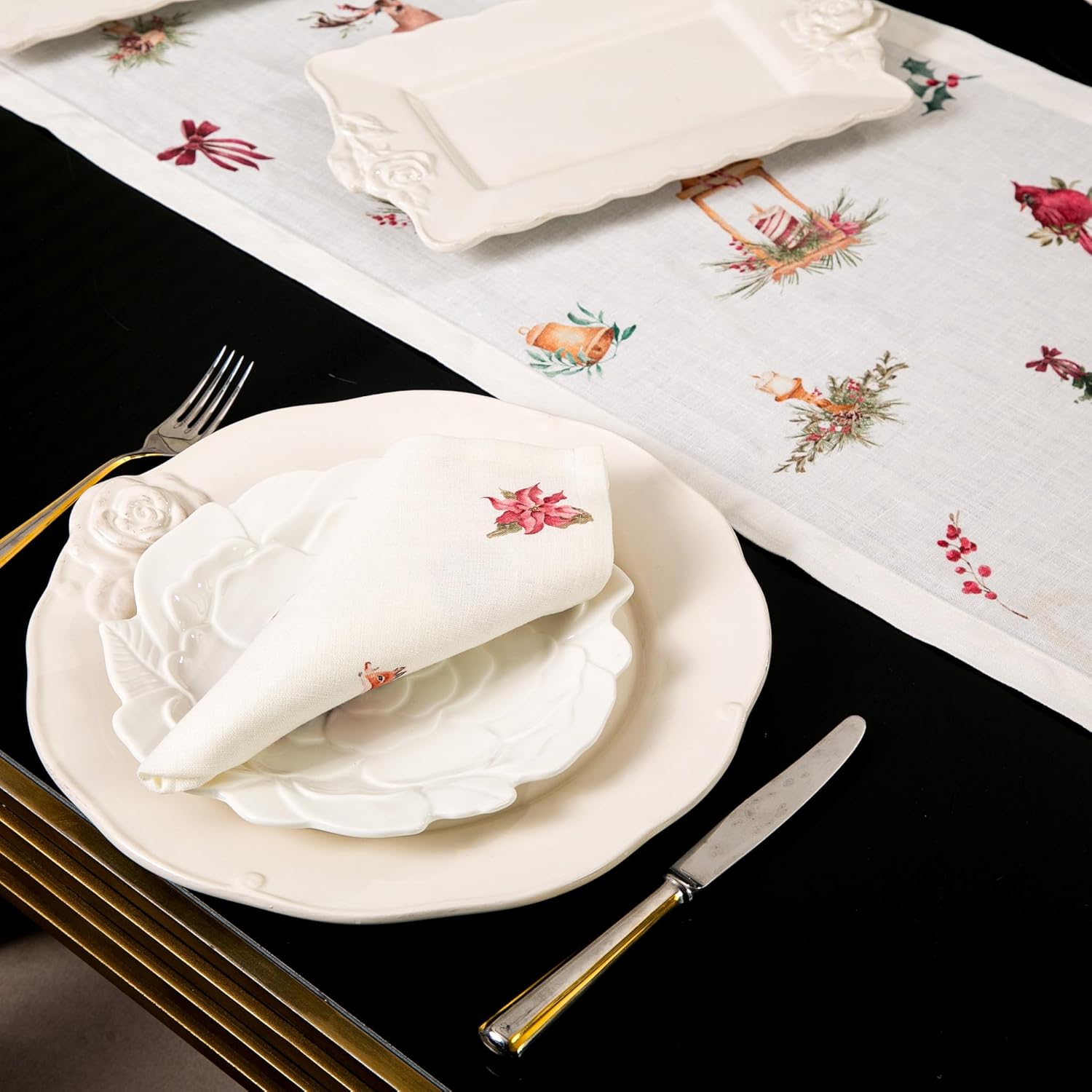 Linen Napkins Set of 4 – Graceful Pure Linen Holiday Cloth Napkins for Table Settings, Machine Washable (Christmas Animal Print)