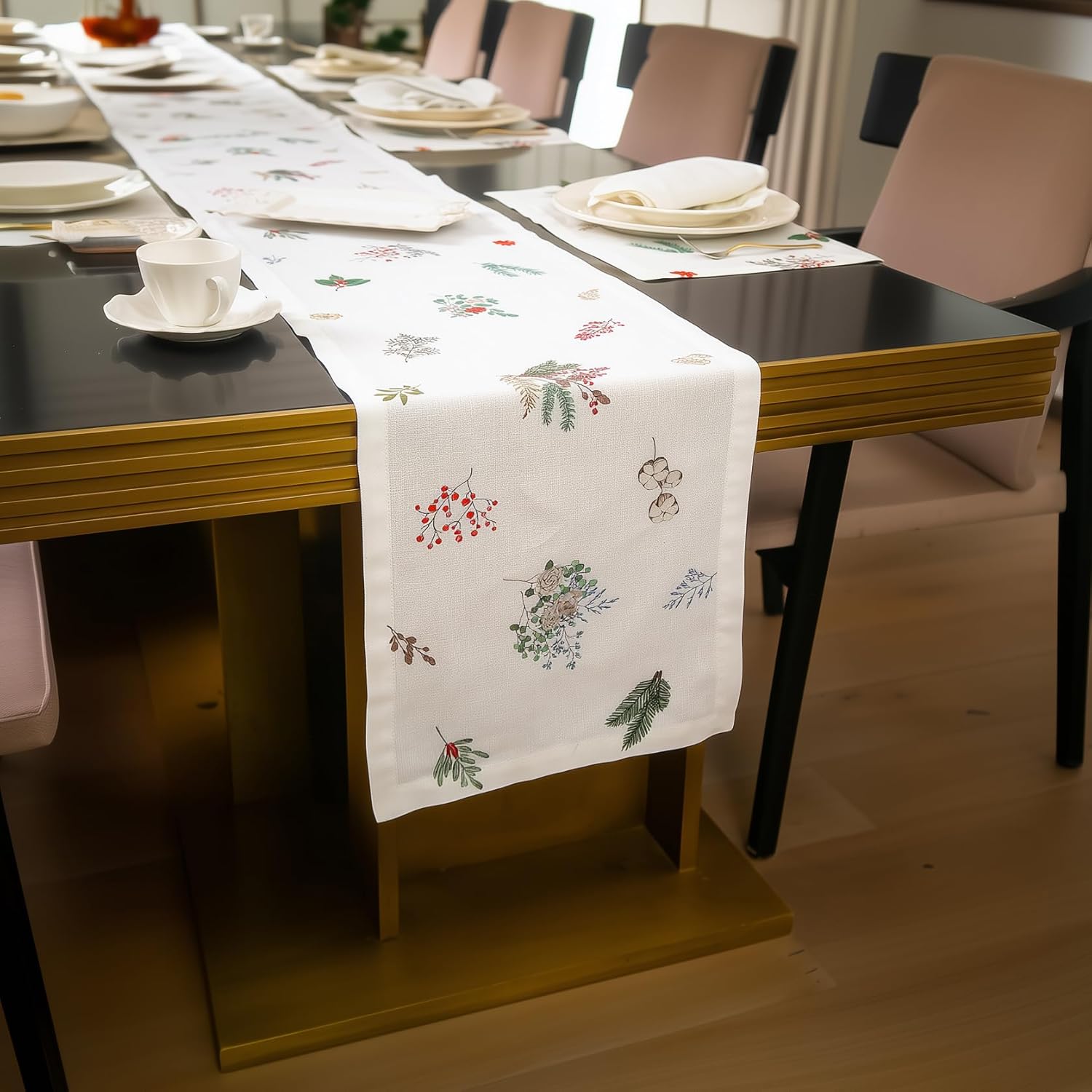 Table Runner in Pure Linen with Hand-Drawn Watercolor Festive Holiday Easter Design, Available in 36, 60, 90, 120, and 144 Inches for Holiday Tablesetting, Machine Washable (14" x 90", Floral)