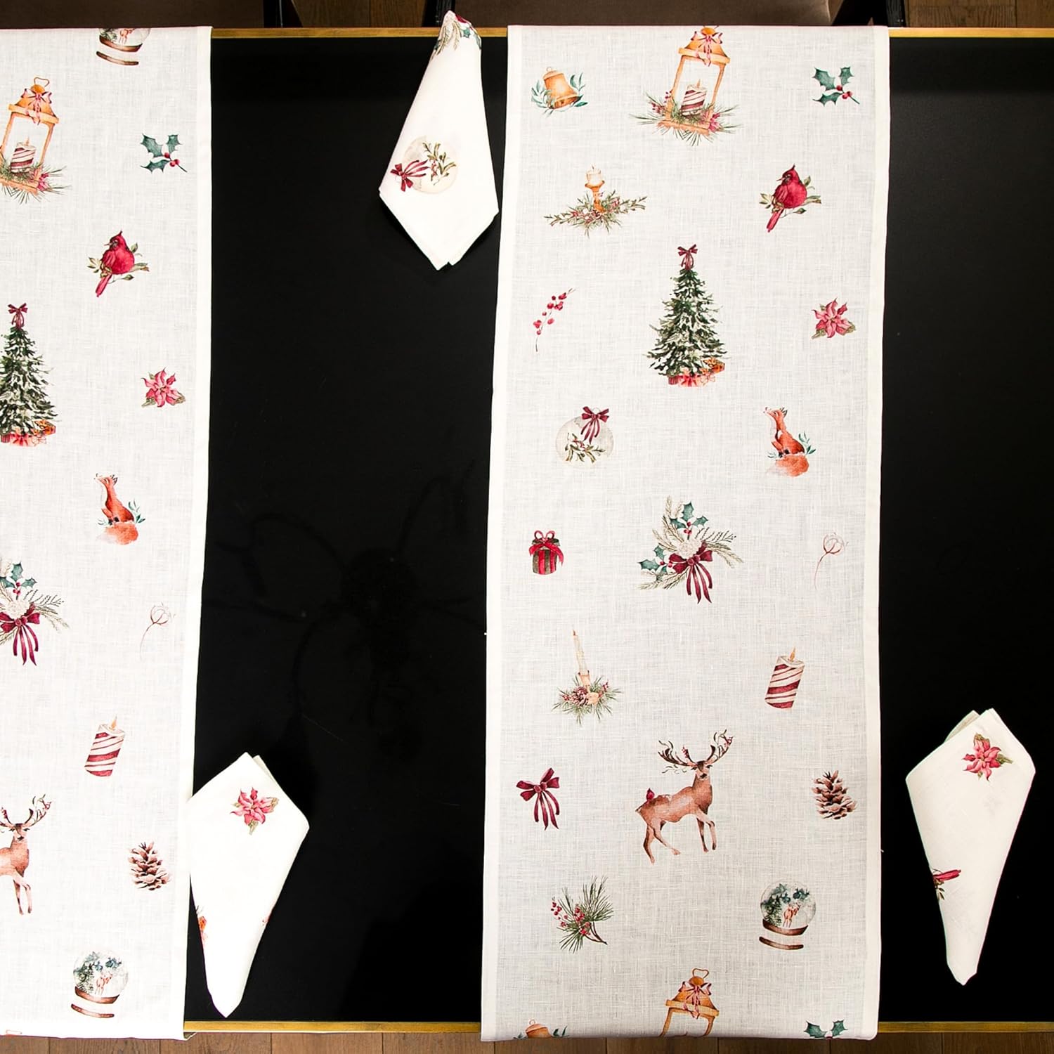 Linen Napkins Set of 4 – Graceful Pure Linen Holiday Cloth Napkins for Table Settings, Machine Washable (Christmas Animal Print)
