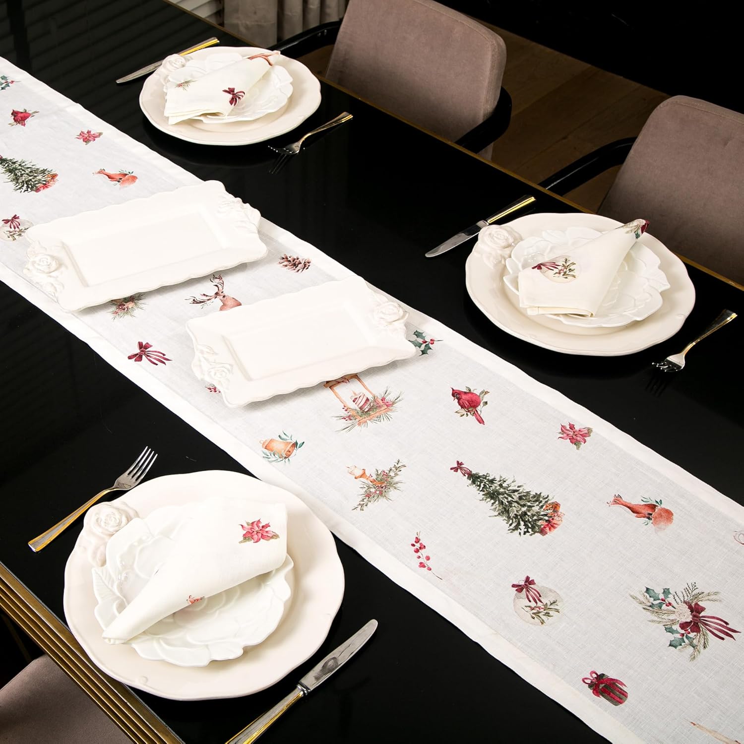 Linen Napkins Set of 4 – Graceful Pure Linen Holiday Cloth Napkins for Table Settings, Machine Washable (Christmas Animal Print)