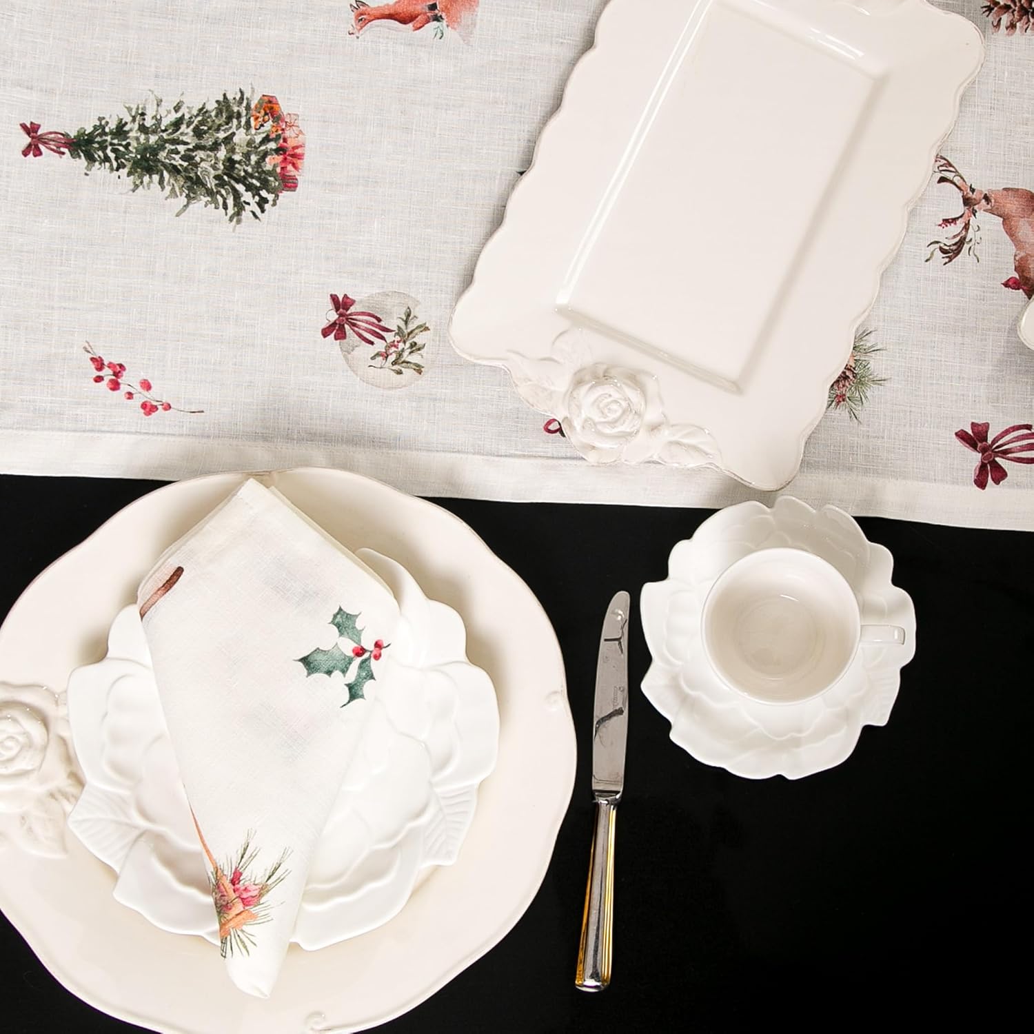 Linen Napkins Set of 4 – Graceful Pure Linen Holiday Cloth Napkins for Table Settings, Machine Washable (Christmas Animal Print)