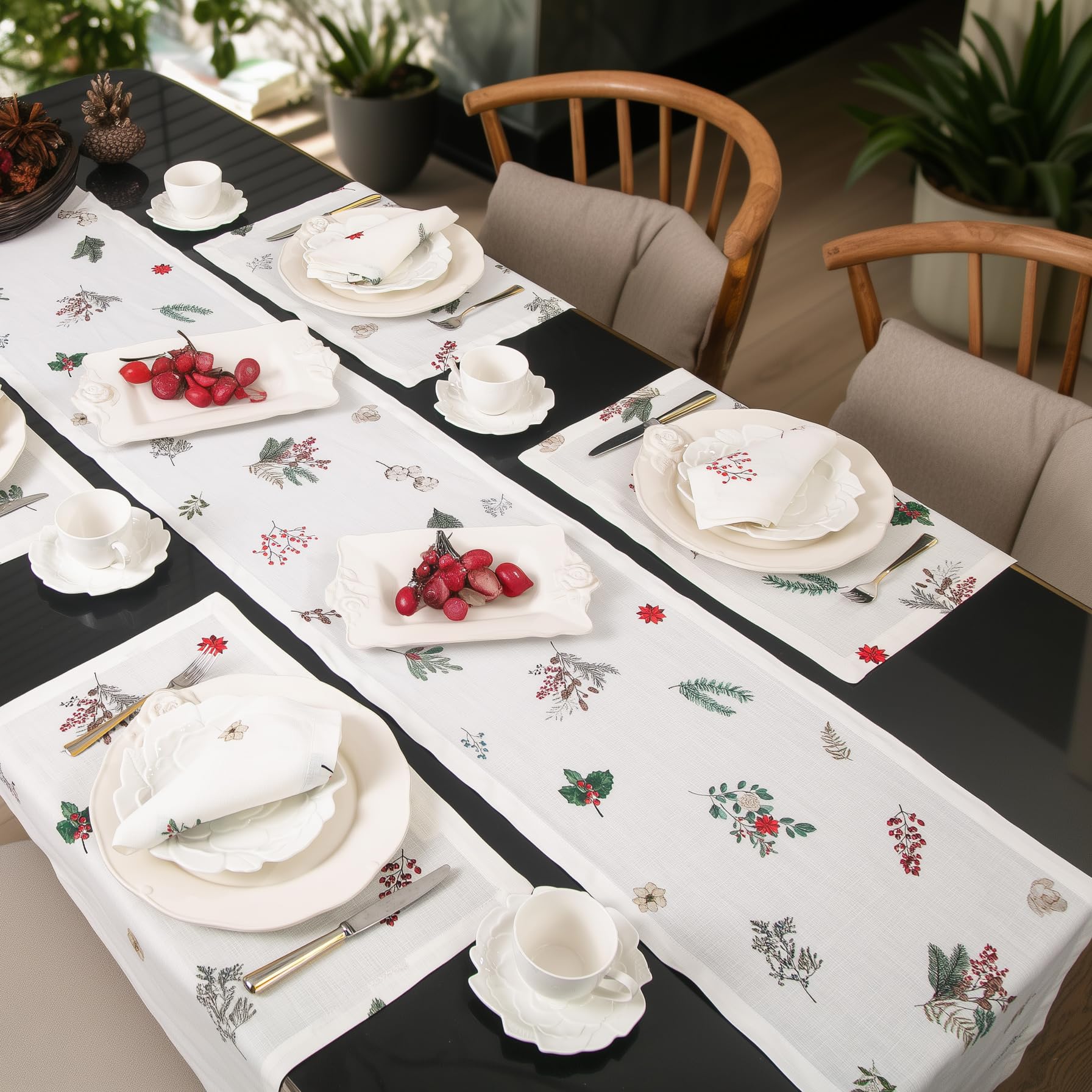 Table Runner in Pure Linen with Hand-Drawn Watercolor Festive Holiday Easter Design, Available in 36, 60, 90, 120, and 144 Inches for Holiday Tablesetting, Machine Washable (14" x 90", Floral)
