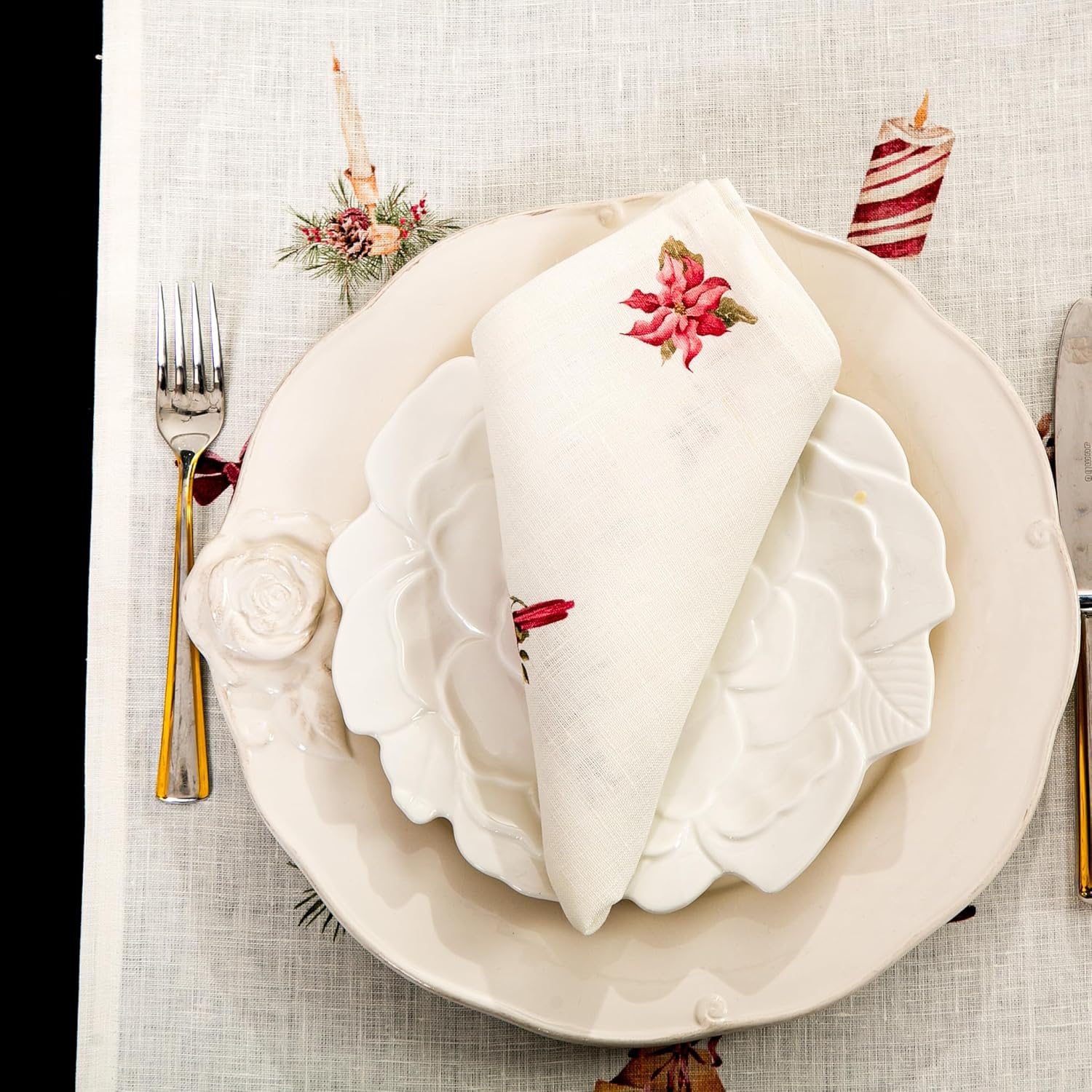 Linen Napkins Set of 4 – Graceful Pure Linen Holiday Cloth Napkins for Table Settings, Machine Washable (Christmas Animal Print)
