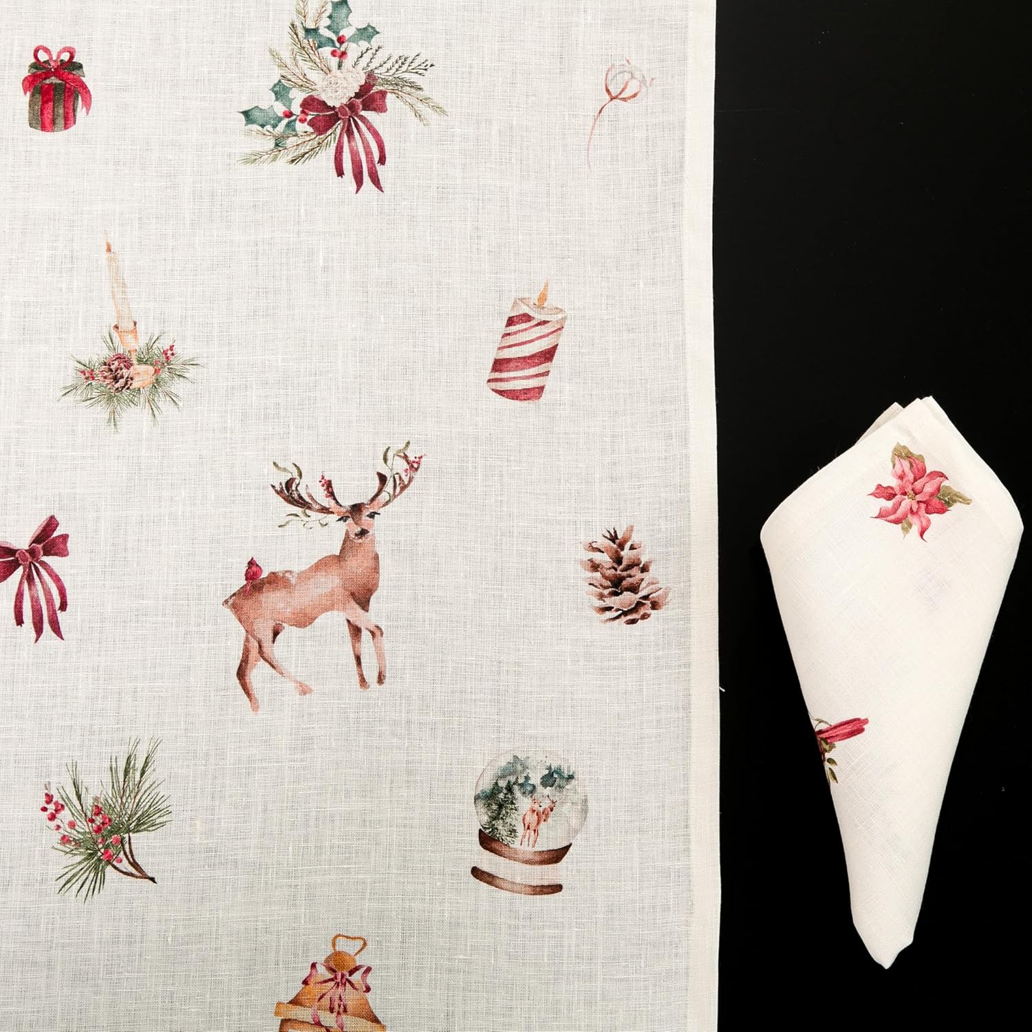 Linen Napkins Set of 4 – Graceful Pure Linen Holiday Cloth Napkins for Table Settings, Machine Washable (Christmas Animal Print)